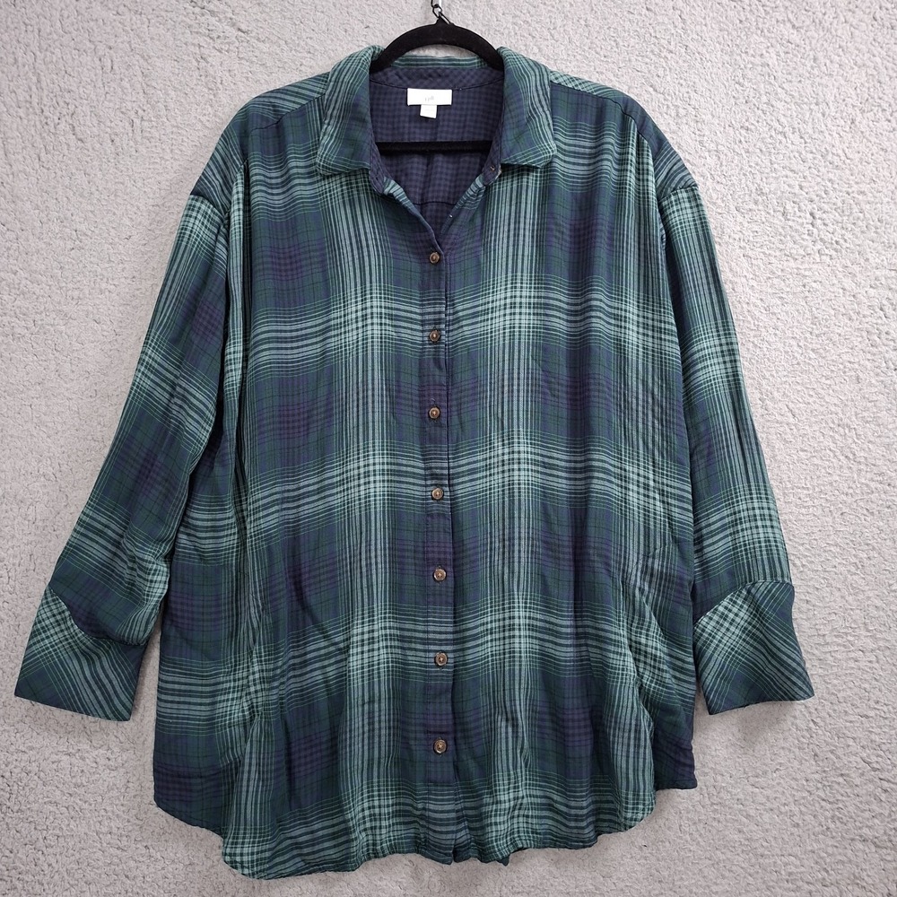J Jill Tunic Top 1X Plaid Long Sleeve Button Up Blue Green Rayon Relaxed Shirt